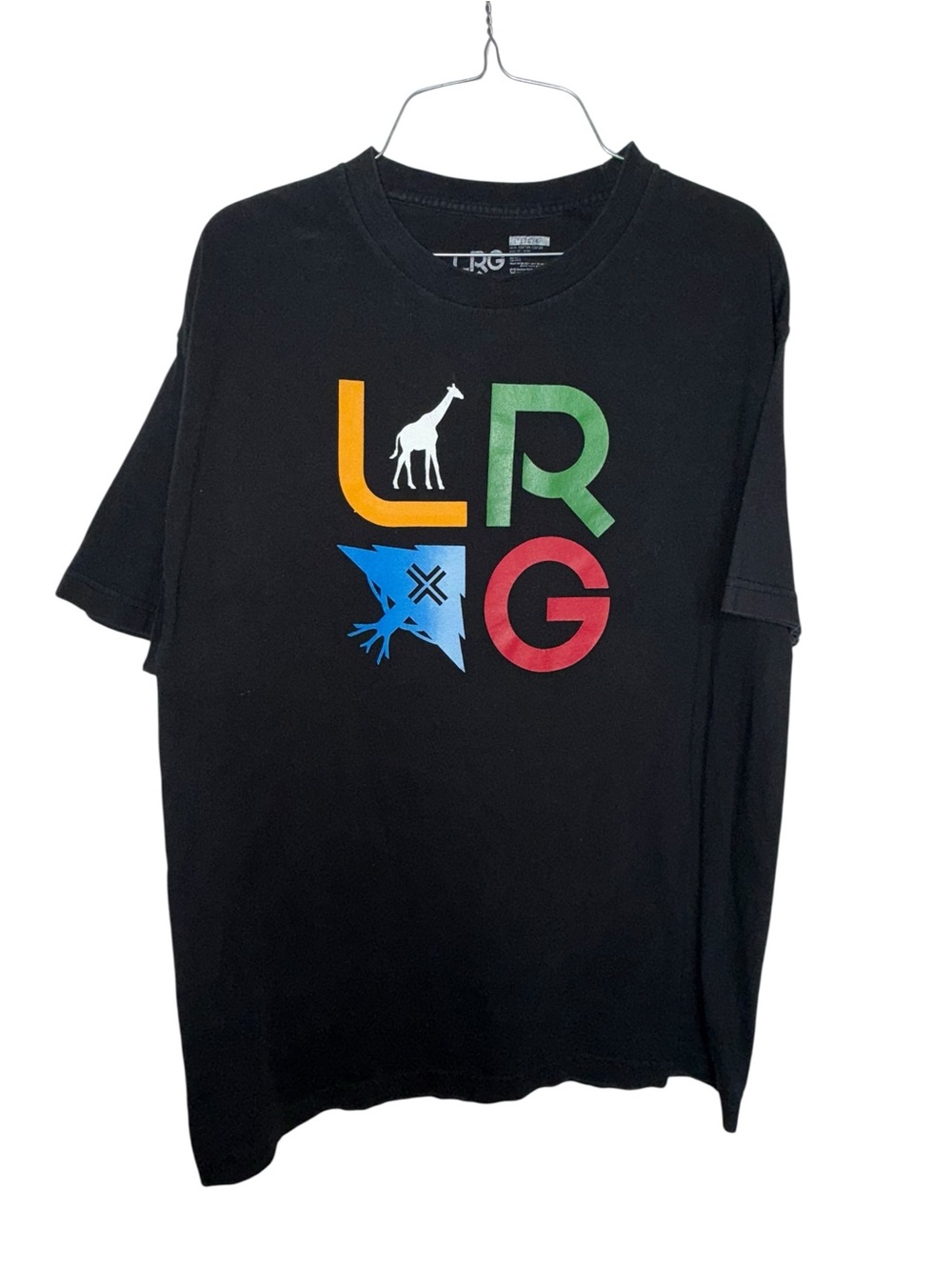 LRG Black Tee with Yellow Green Blue Red Stacked Logo